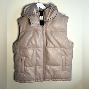Fashion Nova Taupe Faux Leather Puffer Vest Hooded Pockets NWT